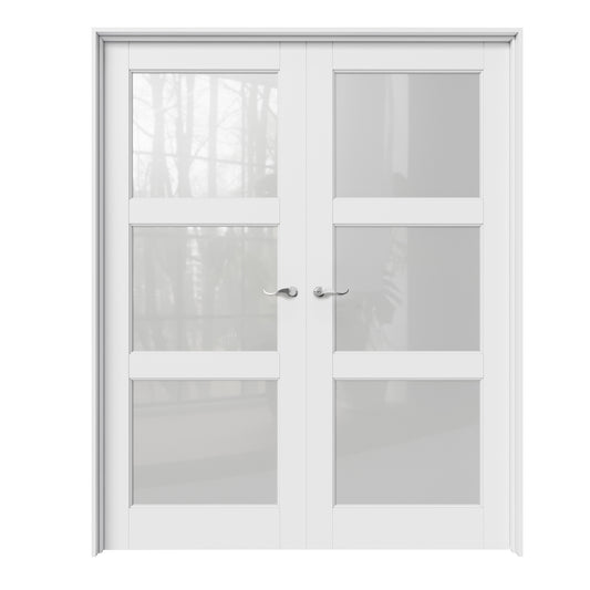 CRUTOP 3-Lite Frosted Glass White Solid Core Double Prehung French Door with Ready-to-Assemble Jamb, Silver Hardware Prehung