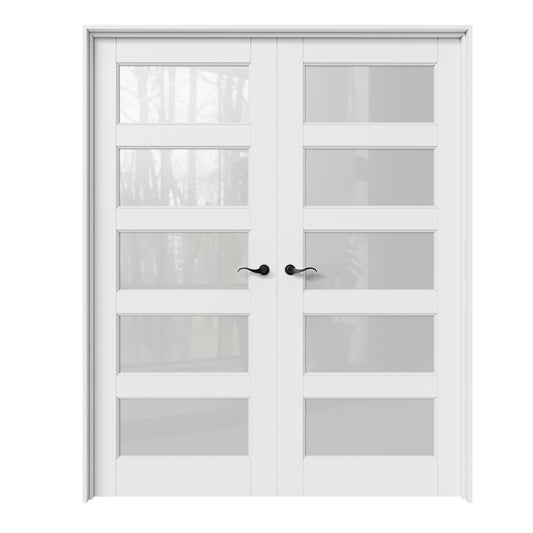 CRUTOP 5-Lite Frosted Glass White Solid Core Double Prehung French Door with Ready-to-Assemble Jamb,Black Hardware Prehung