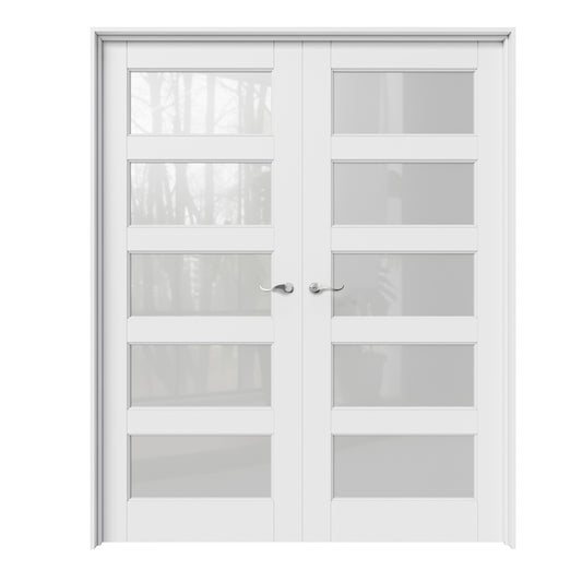 CRUTOP 5-Lite Frosted Glass White Solid Core Double Prehung French Door with Ready-to-Assemble Jamb, Silver Hardware Prehung