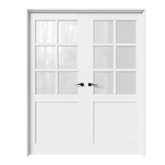 CRUTOP 6-Lite Frosted Glass White Solid Core Double Prehung French Door with Ready-to-Assemble Jamb,Black Hardware Prehung