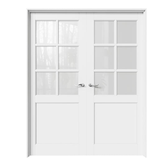 CRUTOP 6-Lite Frosted Glass White Solid Core Double Prehung French Door with Ready-to-Assemble Jamb, Silver Hardware Prehung