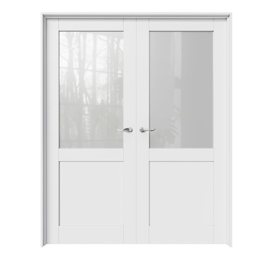 CRUTOP Half-Lite Frosted Glass White Solid Core Double Prehung French Door with Ready-to-Assemble Jamb, Silver Hardware Prehung