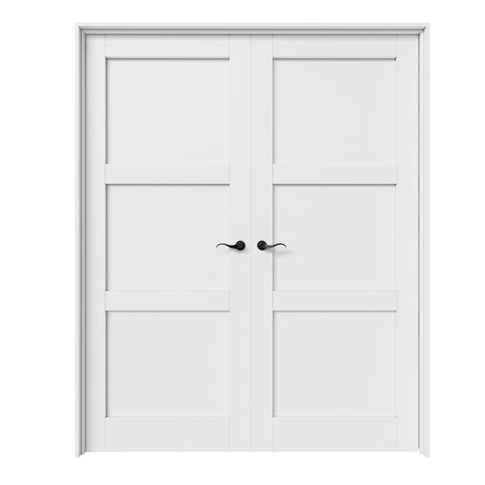 CRUTOP 3-Lite Panel White Solid Core Double Prehung French Door with Ready-to-Assemble Jamb,Black Hardware Prehung