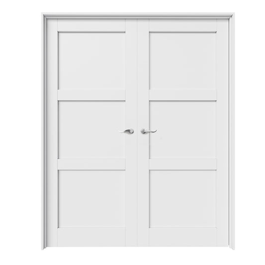 CRUTOP 3-Lite Molded Panel White Solid Core Double Prehung French Door with Ready-to-Assemble Jamb, Silver Hardware Prehung