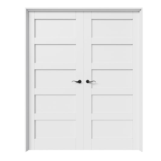 CRUTOP 5-Lite Panel White Solid Core Double Prehung French Door with Ready-to-Assemble Jamb,Black Hardware Prehung