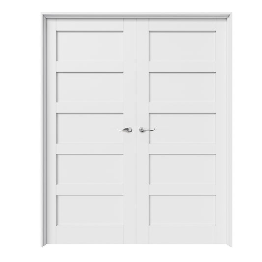 CRUTOP 5-Lite Molded Panel White Solid Core Double Prehung French Door with Ready-to-Assemble Jamb, Silver Hardware Prehung