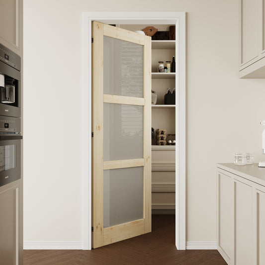 CRUTOP 3-Lite Frosted Glass Pine Wood Interior Slab Door with/without Prehung Kit, Paintable, Unfinished