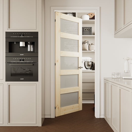 CRUTOP 5-Lite Frosted Glass Pine Wood Interior Slab Door with/without Prehung Kit, Paintable, Unfinished