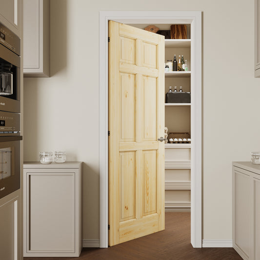 CRUTOP 6-Panel Solid Core Panel Pine Wood Interior Slab Door with/without Prehung Kit, Paintable, Unfinished
