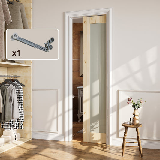 CRUTOP 1-Lite Tempered Frosted Glass Pocket Door, Pine Wood Interior Sliding Doors with Hardware Kit & Soft Close & Frame, Solid Pine Wood & Unfinished Paintable Surface