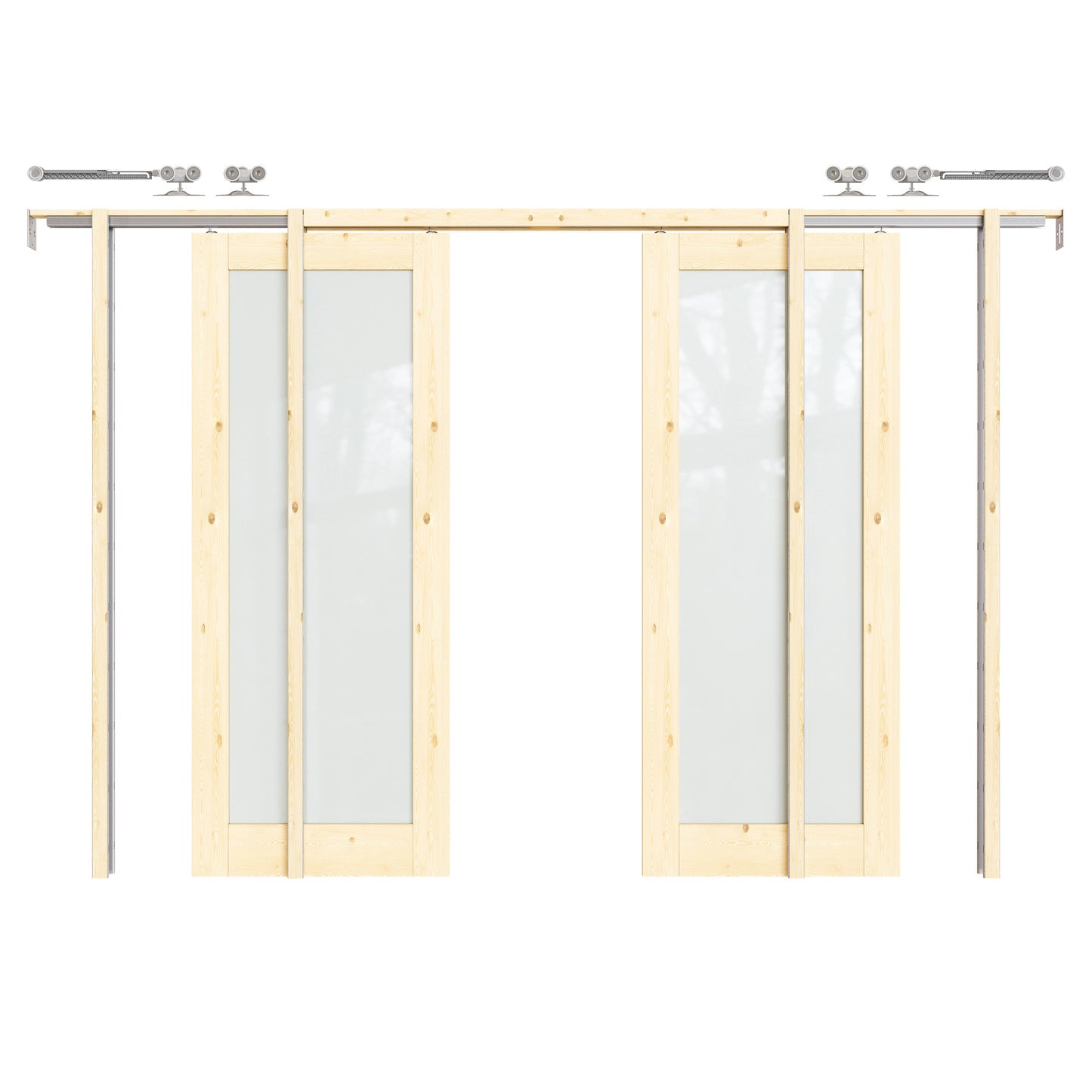 CRUTOP 1-Lite Tempered Frosted Glass Pocket Door, Pine Wood Interior Sliding Doors with Hardware Kit & Soft Close & Frame, Solid Pine Wood & Unfinished Paintable Surface