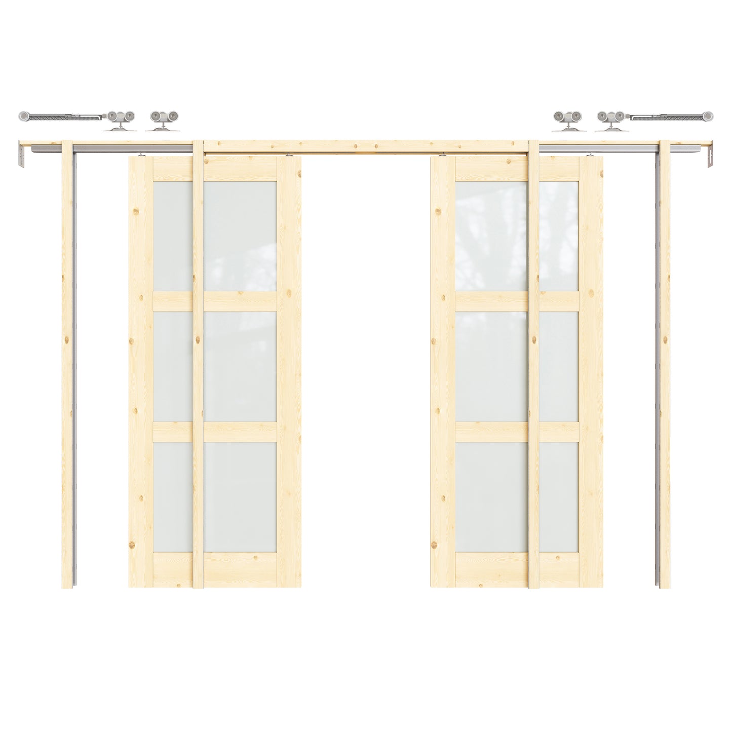 CRUTOP 3-Lite Tempered Frosted Glass Pocket Door, Pine Wood Interior Sliding Doors with Hardware Kit & Soft Close & Frame, Solid Pine Wood & Unfinished Paintable Surface