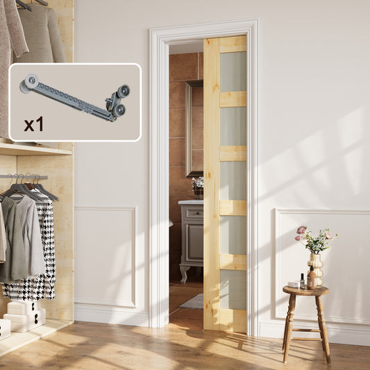 CRUTOP 5-Lite Tempered Frosted Glass Pocket Door, Pine Wood Interior Sliding Doors with Hardware Kit & Soft Close & Frame, Solid Pine Wood & Unfinished Paintable Surface