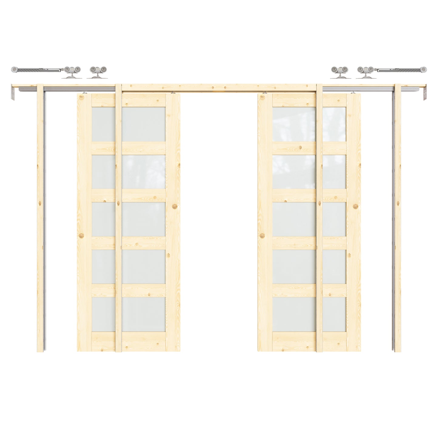 CRUTOP 5-Lite Tempered Frosted Glass Pocket Door, Pine Wood Interior Sliding Doors with Hardware Kit & Soft Close & Frame, Solid Pine Wood & Unfinished Paintable Surface