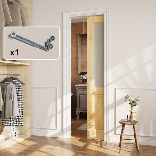 CRUTOP Half-Lite Tempered Frosted Glass Pocket Door, Pine Wood Interior Sliding Doors with Hardware Kit & Soft Close & Frame, Solid Pine Wood & Unfinished Paintable Surface