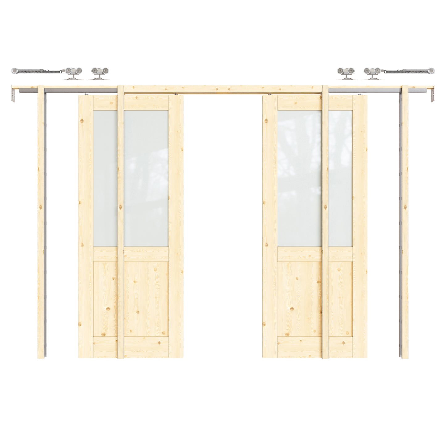 CRUTOP Half-Lite Tempered Frosted Glass Pocket Door, Pine Wood Interior Sliding Doors with Hardware Kit & Soft Close & Frame, Solid Pine Wood & Unfinished Paintable Surface