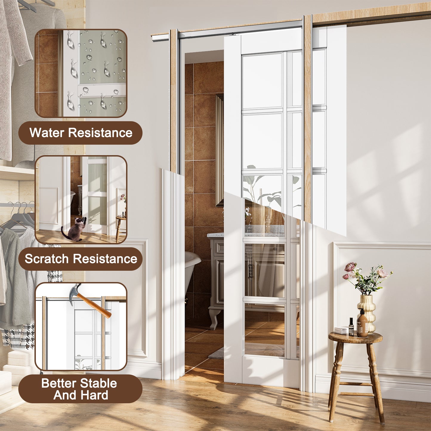 CRUTOP 15-Lite Clear Glass Pocket Door, White Interior Sliding Doors with Hardware Kit & Soft Close & Frame, Solid Core MDF Wood & Pre-Finished Paintable Surface