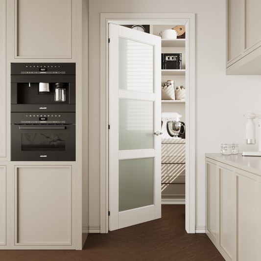 CRUTOP 3-Lite Frosted Glass Interior Slab Door, White Prefinished Door with/without Prehung Kit, Paintable