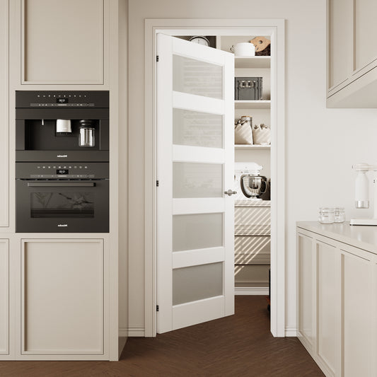 CRUTOP 5-Lite Frosted Glass Interior Slab Door, White Prefinished Door with/without Prehung Kit, Paintable