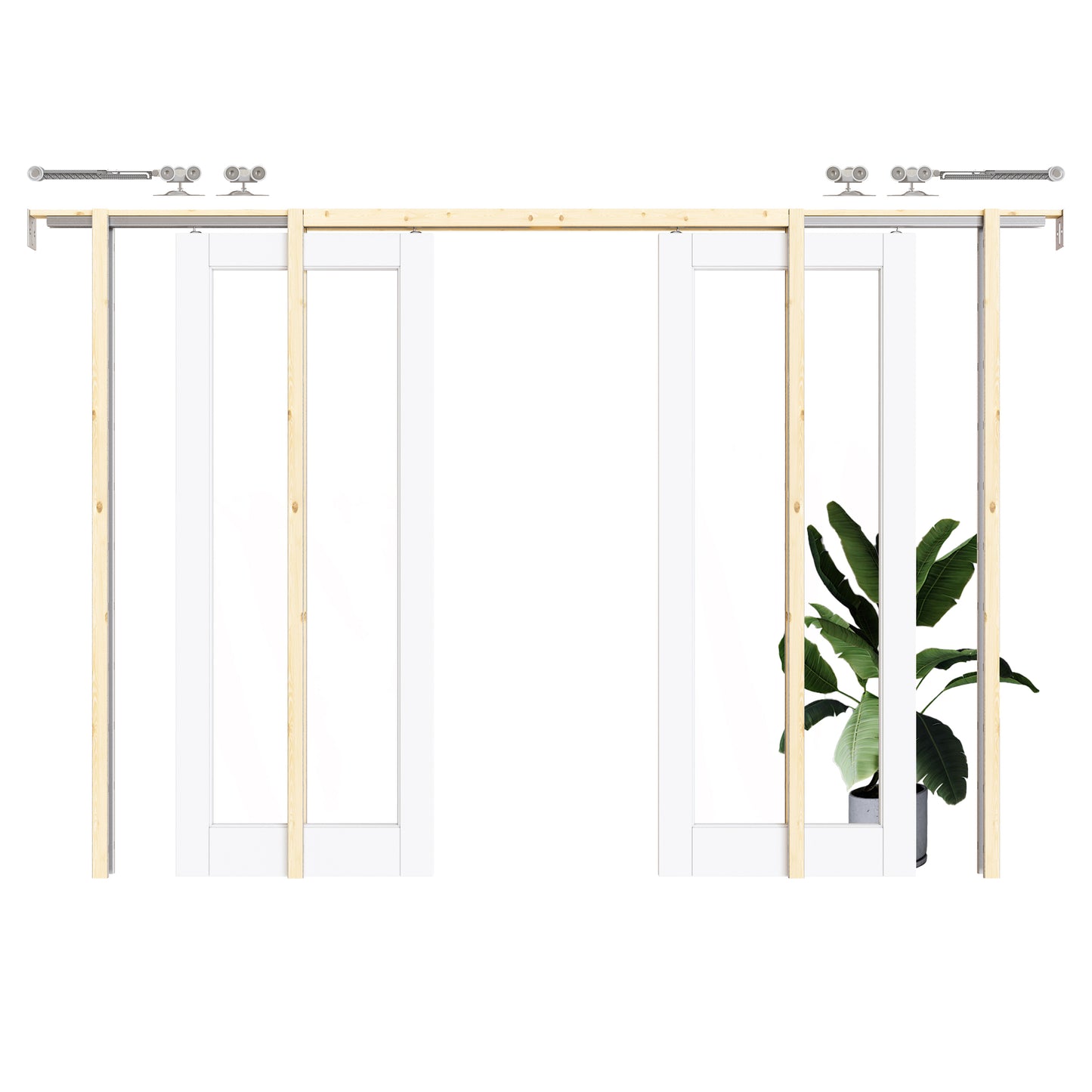 CRUTOP 1-Lite Clear Glass Pocket Door, White Interior Sliding Doors with Hardware Kit & Soft Close & Frame, Solid Core MDF Wood & Pre-Finished Paintable Surface