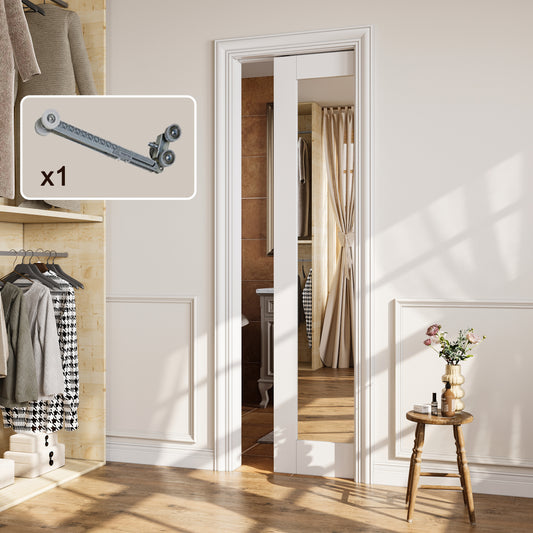 CRUTOP 1-Lite One Side Mirror Pocket Door, White Interior Sliding Doors with Hardware Kit & Soft Close & Frame, Solid Core MDF & Pre-finished Paintable Surface