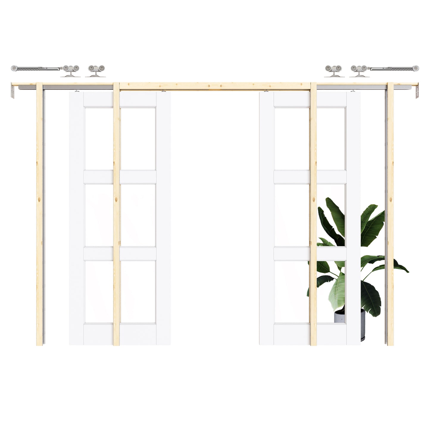 CRUTOP 3-Lite Clear Glass Pocket Door, White Interior Sliding Doors with Hardware Kit & Soft Close & Frame, Solid Core MDF Wood & Pre-Finished Paintable Surface