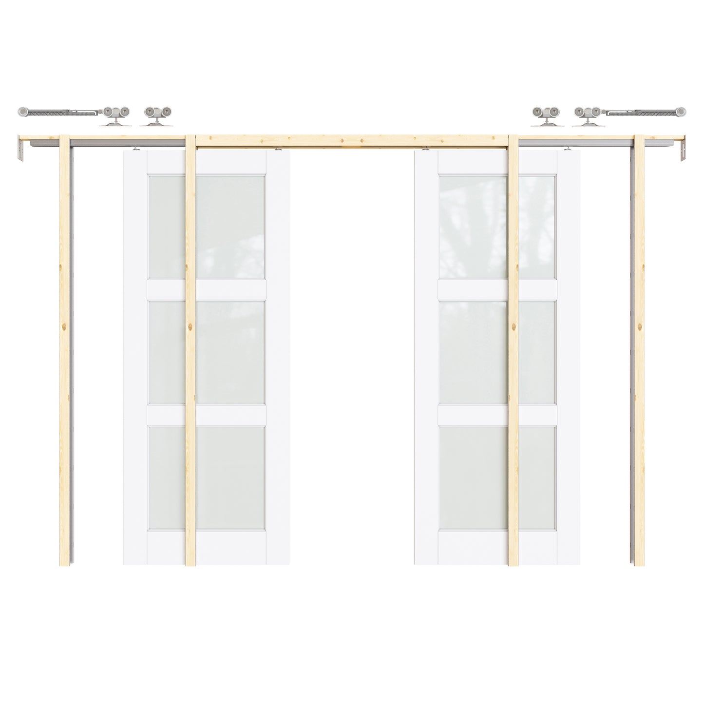 CRUTOP 3-Lite Tempered Frosted Glass Pocket Door, White Interior Sliding Doors with Hardware Kit & Soft Close & Frame, Solid Core MDF Wood & Pre-Finished Paintable Surface