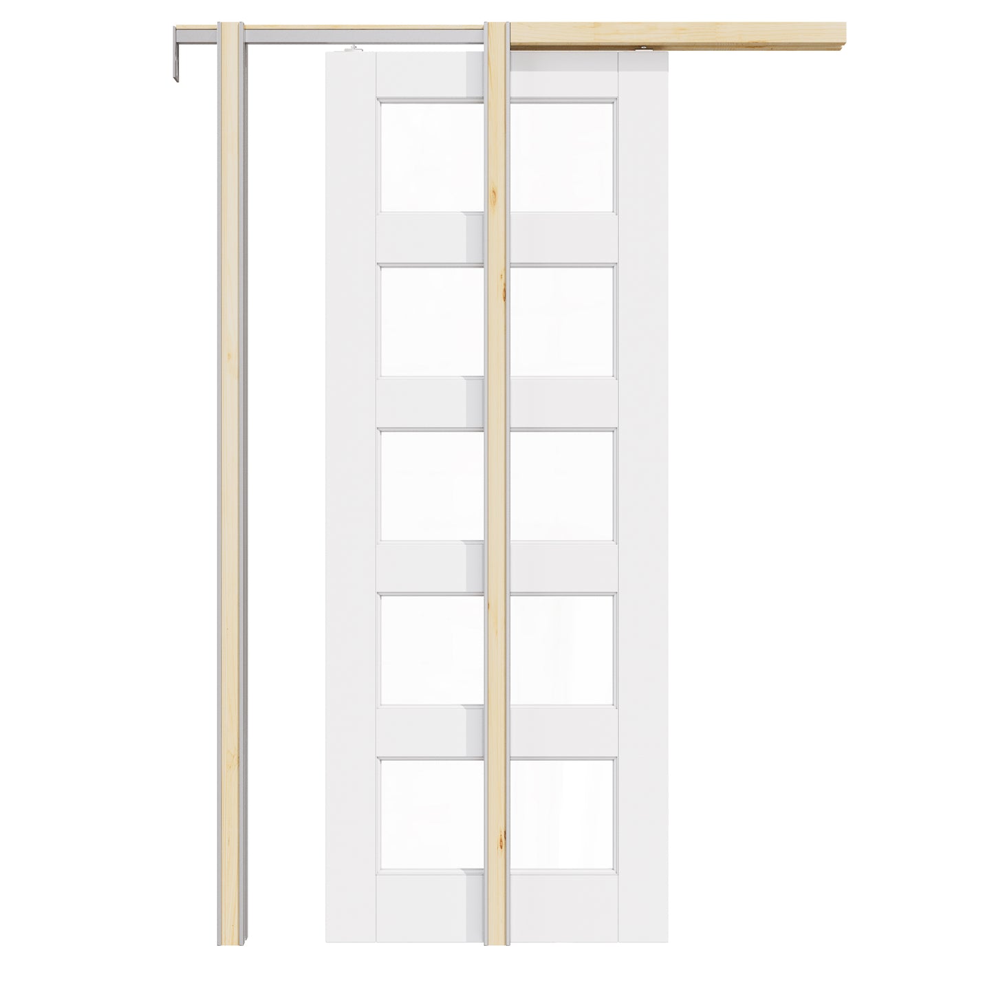 CRUTOP 5-Lite Clear Glass Pocket Door, White Interior Sliding Doors with Hardware Kit & Soft Close & Frame, Solid Core MDF Wood & Pre-Finished Paintable Surface