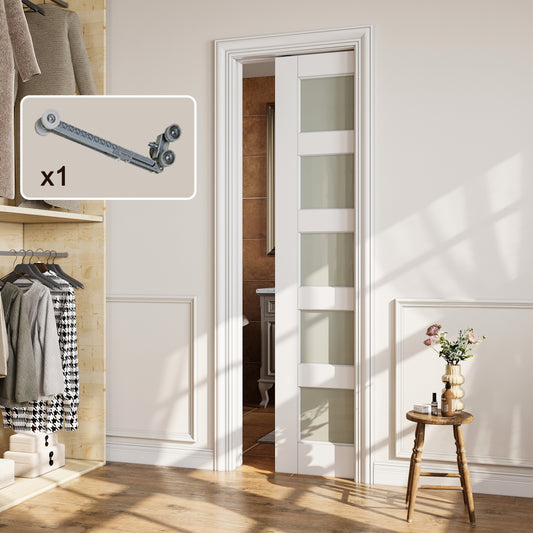 CRUTOP 5-Lite Tempered Frosted Glass Pocket Door, White Interior Sliding Doors with Hardware Kit & Soft Close & Frame, Solid Core MDF Wood & Pre-Finished Paintable Surface