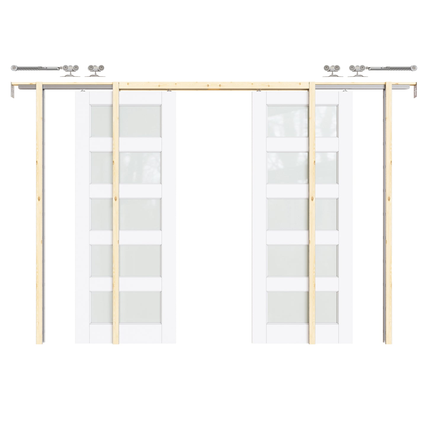 CRUTOP 5-Lite Tempered Frosted Glass Pocket Door, White Interior Sliding Doors with Hardware Kit & Soft Close & Frame, Solid Core MDF Wood & Pre-Finished Paintable Surface
