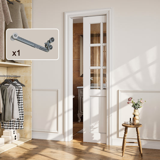 CRUTOP 6-Lite Clear Glass Pocket Door, White Interior Sliding Doors with Hardware Kit & Soft Close & Frame, Solid Core MDF Wood & Pre-Finished Paintable Surface