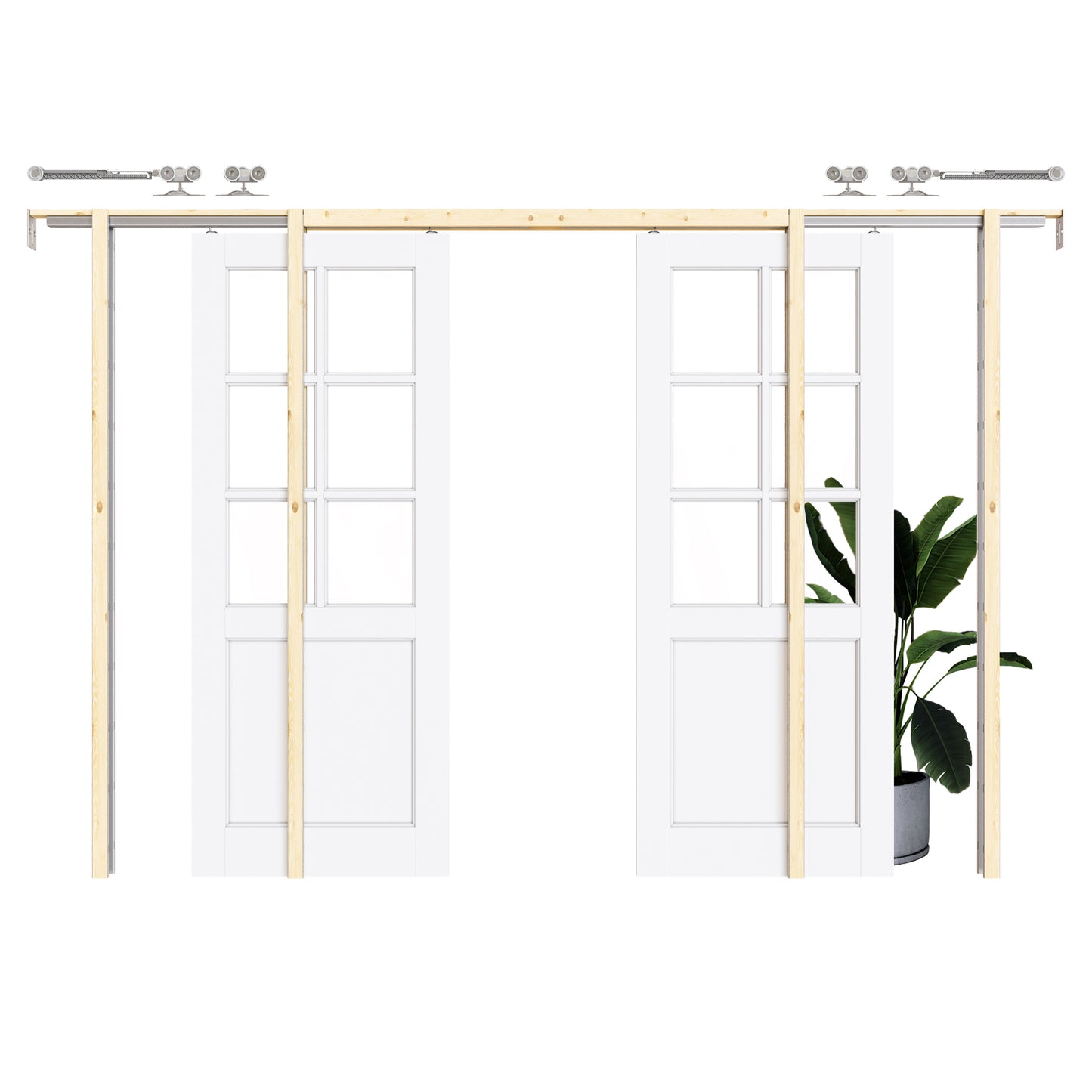 CRUTOP 6-Lite Clear Glass Pocket Door, White Interior Sliding Doors with Hardware Kit & Soft Close & Frame, Solid Core MDF Wood & Pre-Finished Paintable Surface