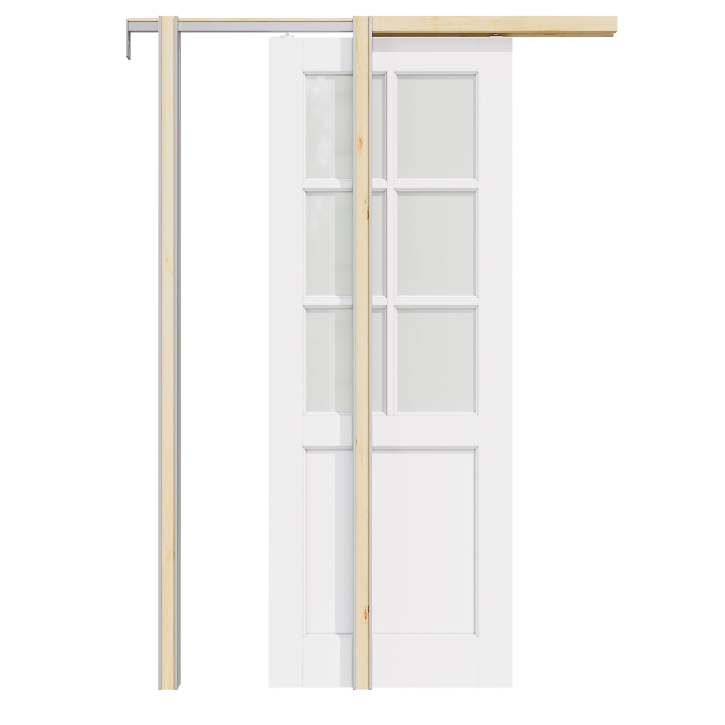 CRUTOP 6-Lite Tempered Frosted Glass Pocket Door, White Interior Sliding Doors with Hardware Kit & Soft Close & Frame, Solid Core MDF Wood & Pre-Finished Paintable Surface