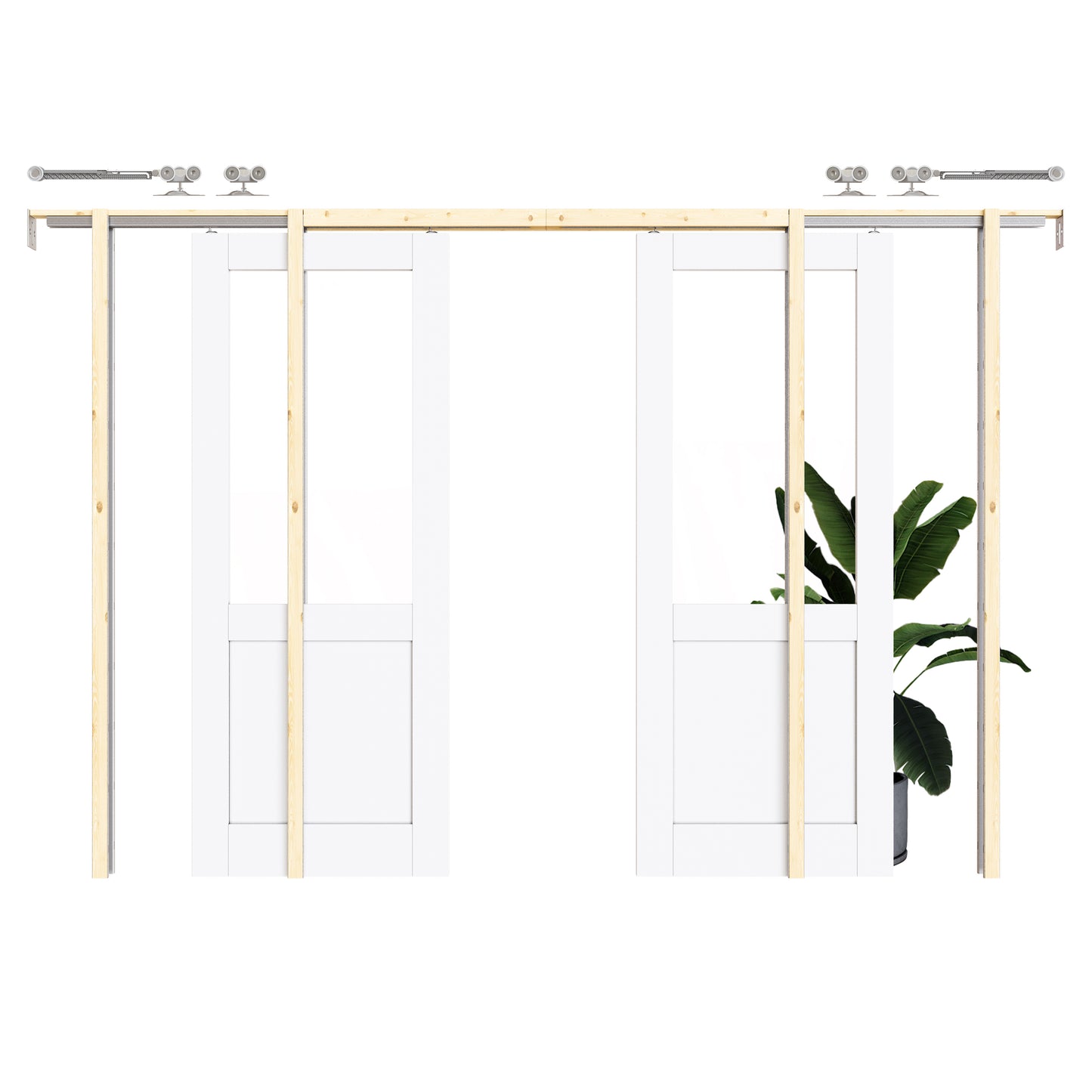 CRUTOP Half-Lite Clear Glass Pocket Door, White Interior Sliding Doors with Hardware Kit & Soft Close & Frame, Solid Core MDF Wood & Pre-Finished Paintable Surface