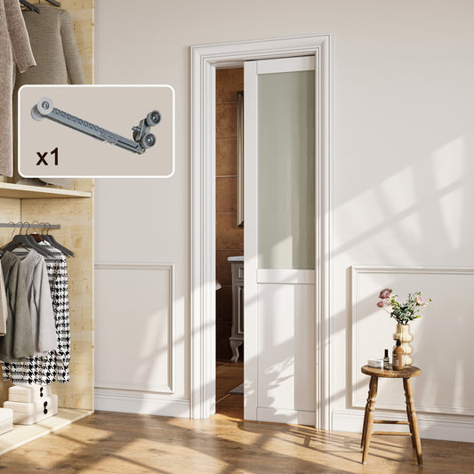 CRUTOP Half-Lite Tempered Frosted Glass Pocket Door, White Interior Sliding Doors with Hardware Kit & Soft Close & Frame, Solid Core MDF Wood & Pre-Finished Paintable Surface