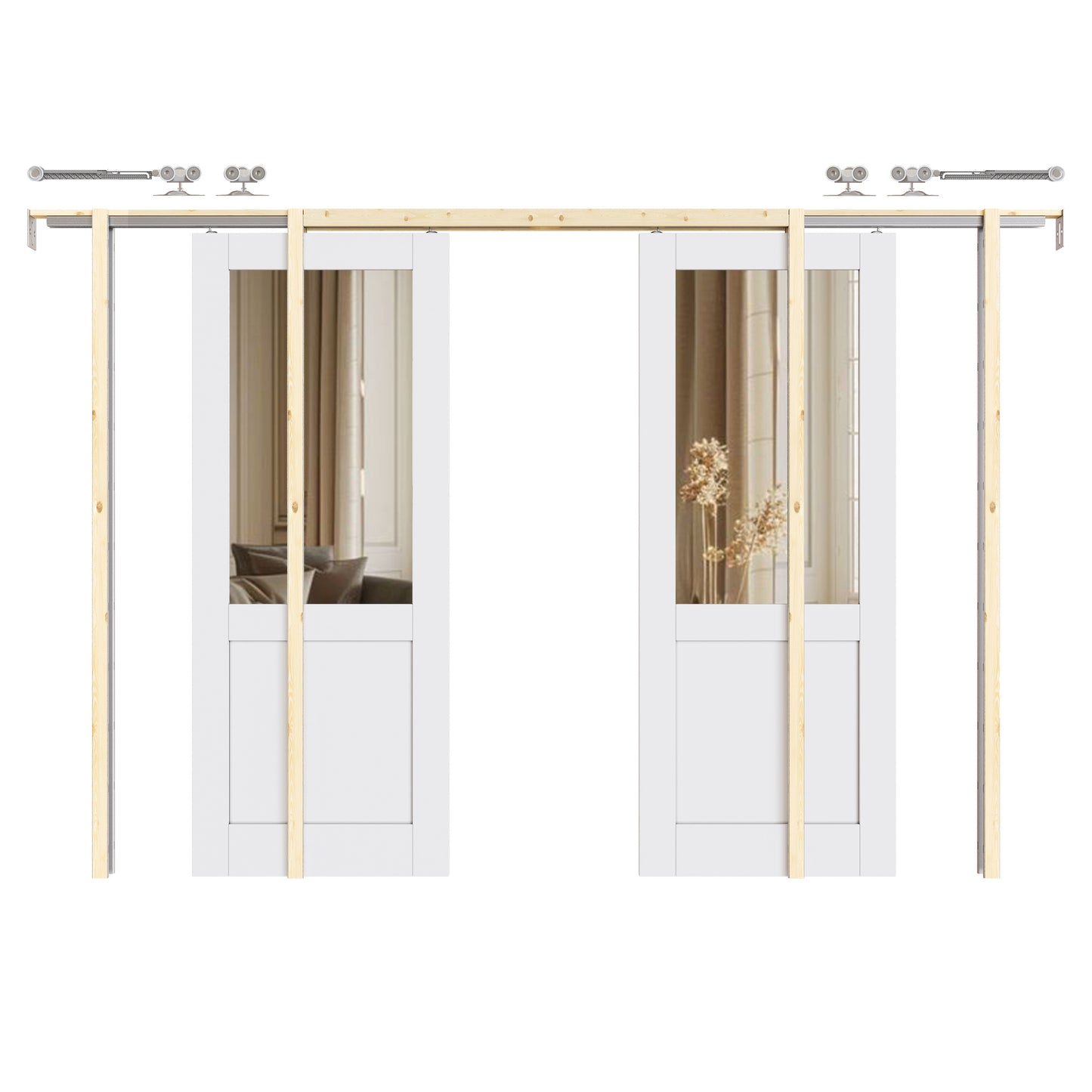 CRUTOP Half-Lite Mirror Pocket Door, White Interior Sliding Doors with Hardware Kit & Soft Close & Frame, Solid Core MDF & Pre-finished Paintable Surface