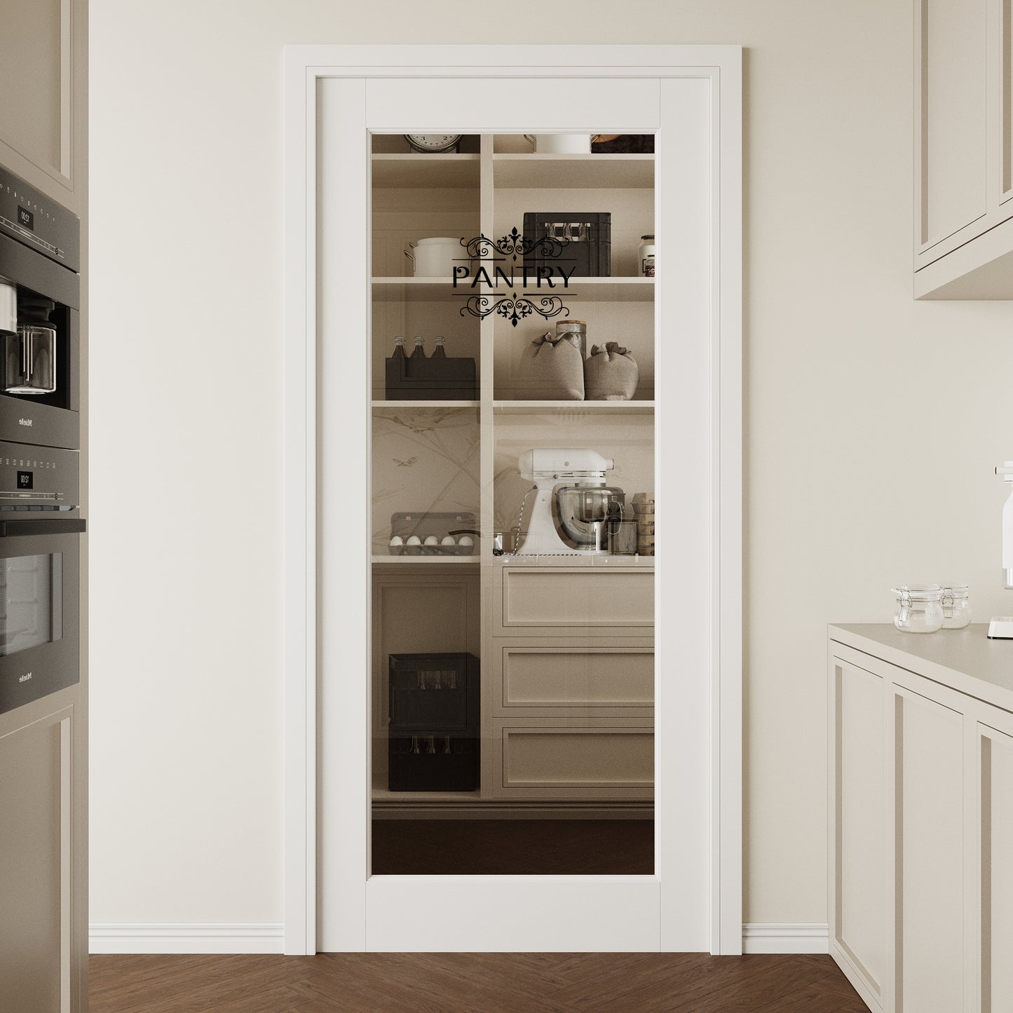 CRUTOP Clear Glass Interior Pantry Door Slab With Self-Adhesive Waterproof Vinyl Colorfast Sticker, Paintable, Pre-finished, White