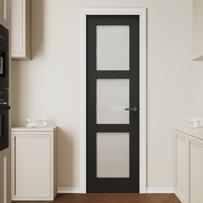 CRUTOP 3 lite Frosted Glass Interior Slab Door, Black Prefinished Door with/without Prehung Kit, Paintable
