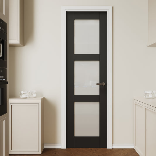 CRUTOP 3 lite Frosted Glass Interior Slab Door, Black Prefinished Door with/without Prehung Kit, Paintable