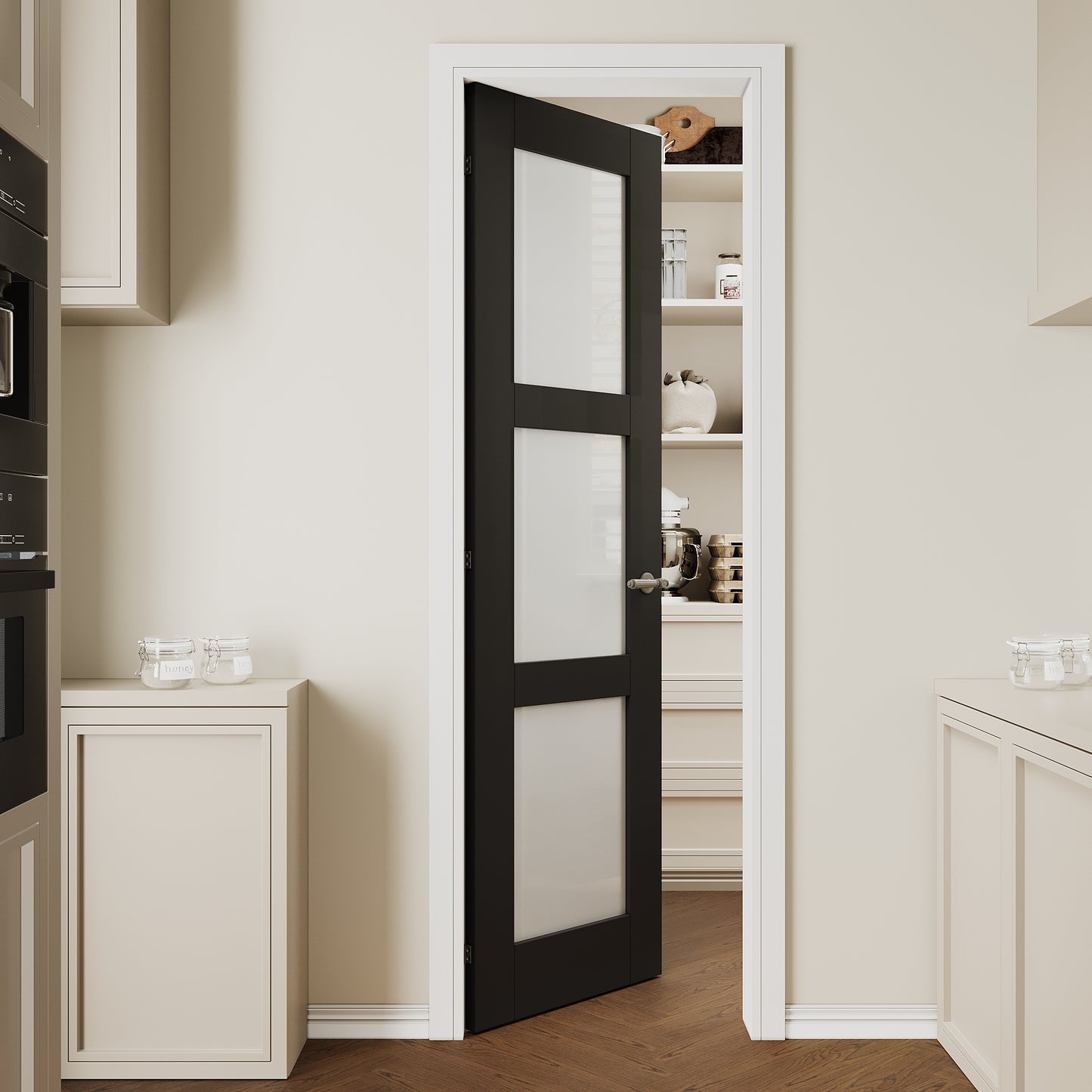 CRUTOP 3 lite Frosted Glass Interior Slab Door, Black Prefinished Door with/without Prehung Kit, Paintable