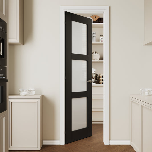 CRUTOP 3 lite Frosted Glass Interior Slab Door, Black Prefinished Door with/without Prehung Kit, Paintable