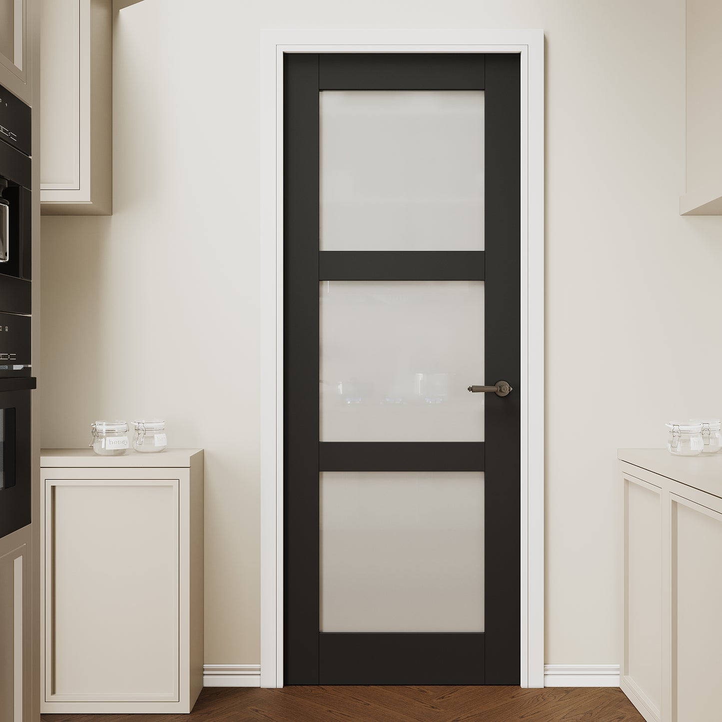 CRUTOP 3 lite Frosted Glass Interior Slab Door, Black Prefinished Door with/without Prehung Kit, Paintable