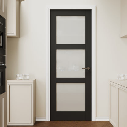 CRUTOP 3 lite Frosted Glass Interior Slab Door, Black Prefinished Door with/without Prehung Kit, Paintable
