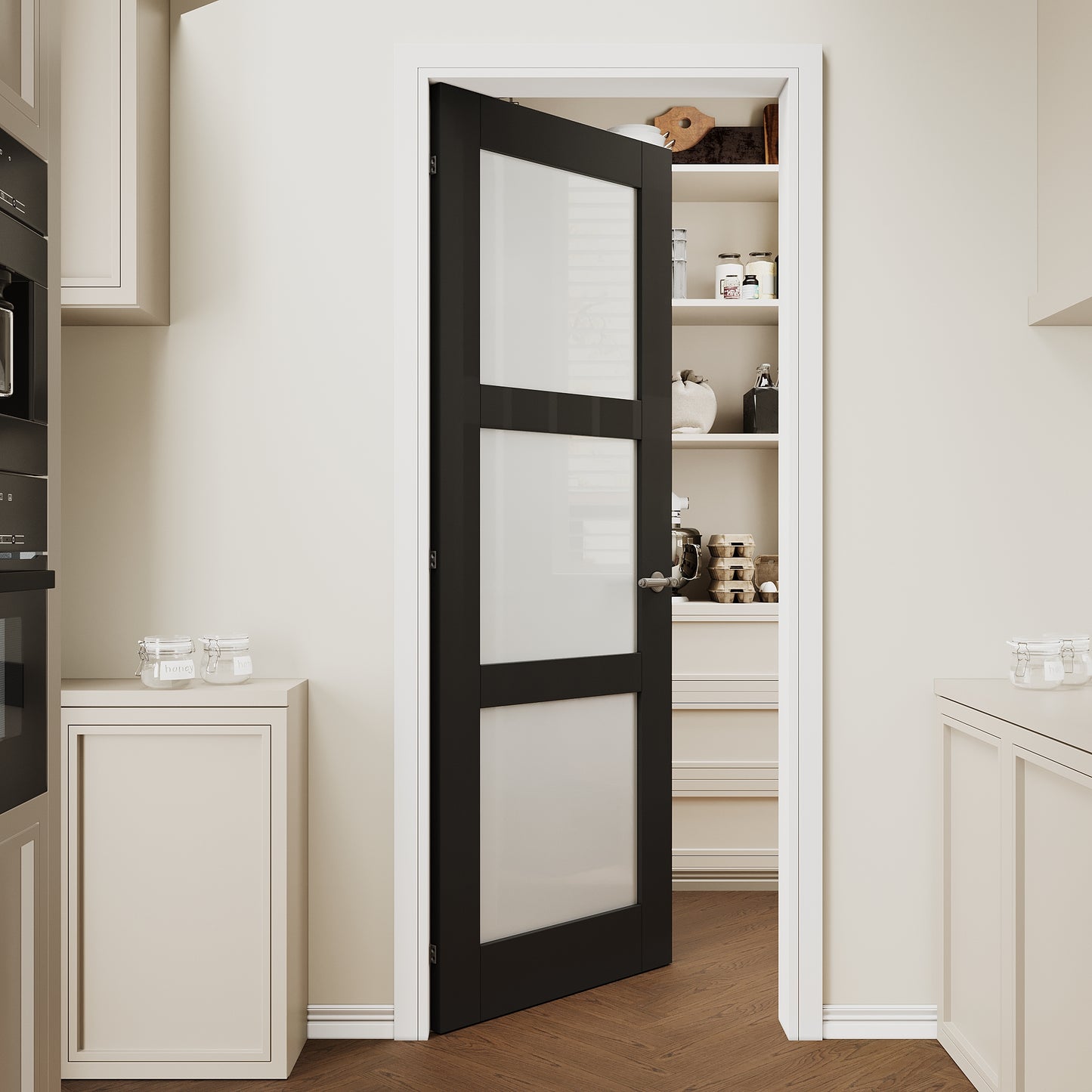 CRUTOP 3 lite Frosted Glass Interior Slab Door, Black Prefinished Door with/without Prehung Kit, Paintable