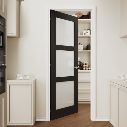 CRUTOP 3 lite Frosted Glass Interior Slab Door, Black Prefinished Door with/without Prehung Kit, Paintable