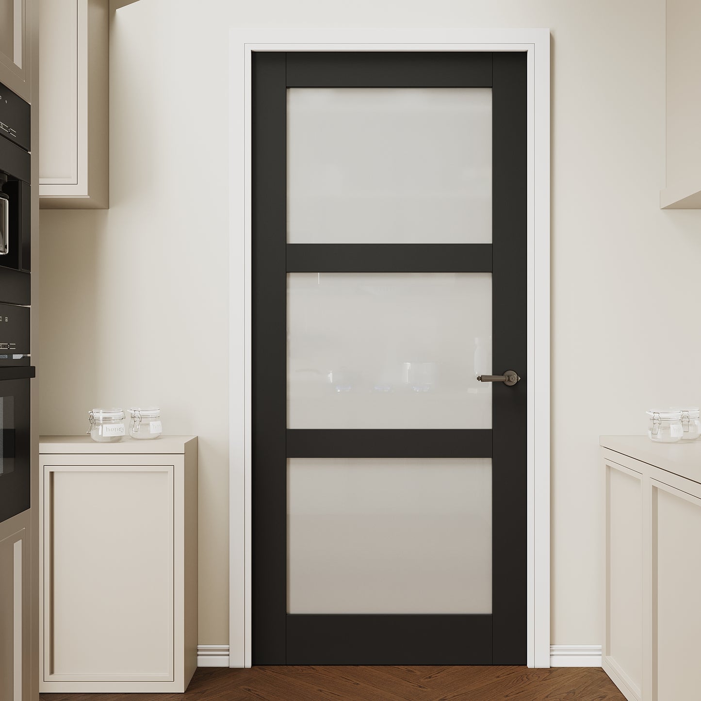 CRUTOP 3 lite Frosted Glass Interior Slab Door, Black Prefinished Door with/without Prehung Kit, Paintable