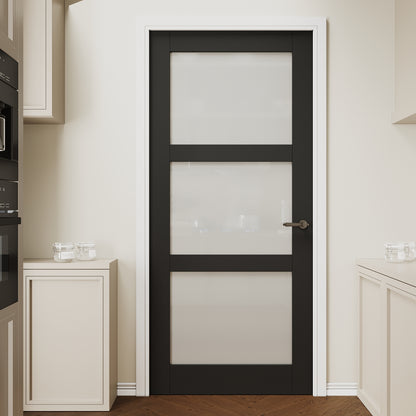 CRUTOP 3 lite Frosted Glass Interior Slab Door, Black Prefinished Door with/without Prehung Kit, Paintable