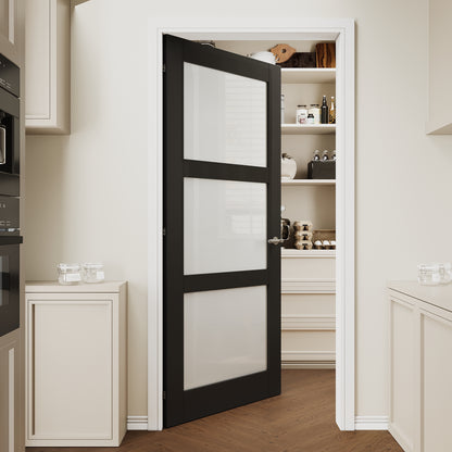 CRUTOP 3 lite Frosted Glass Interior Slab Door, Black Prefinished Door with/without Prehung Kit, Paintable