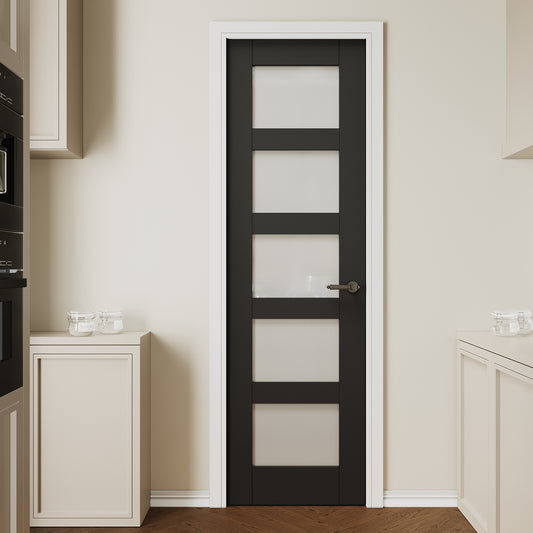 CRUTOP 5 lite Frosted Glass Interior Slab Door, Black Prefinished Door with/without Prehung Kit, Paintable
