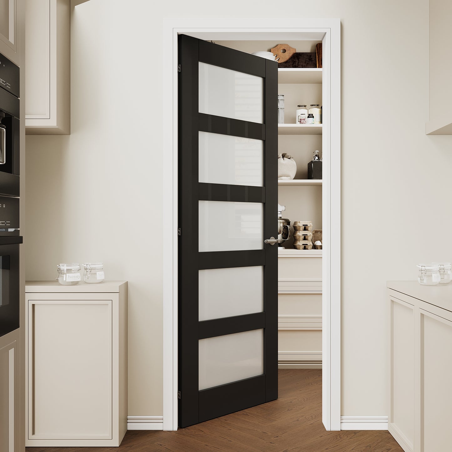 CRUTOP 5 lite Frosted Glass Interior Slab Door, Black Prefinished Door with/without Prehung Kit, Paintable